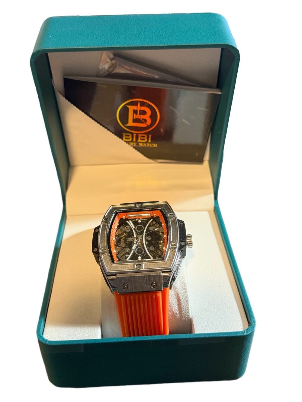 BIBI Luxury Men's Tonneau Skeleton Automatic Watch Orange Silicone Strap